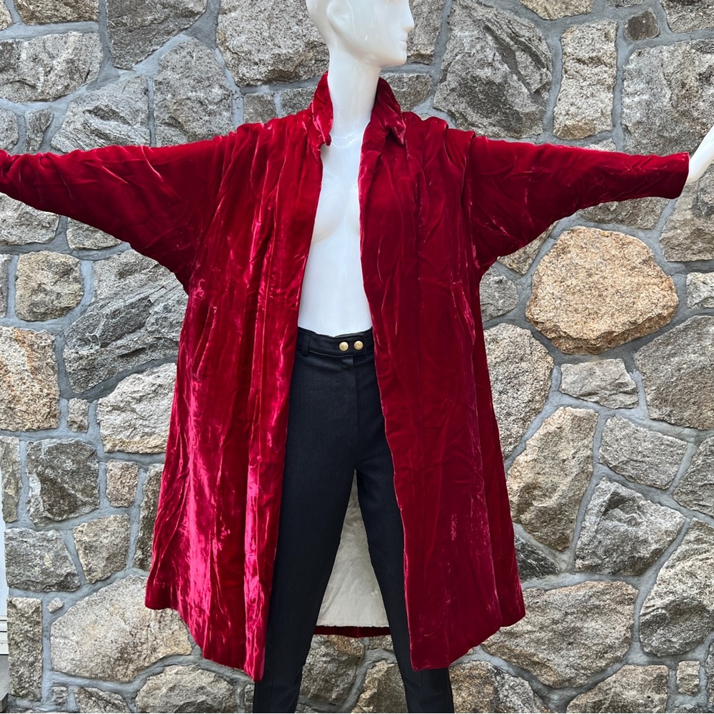 Vintage red silk velvet coat with faux fur lining